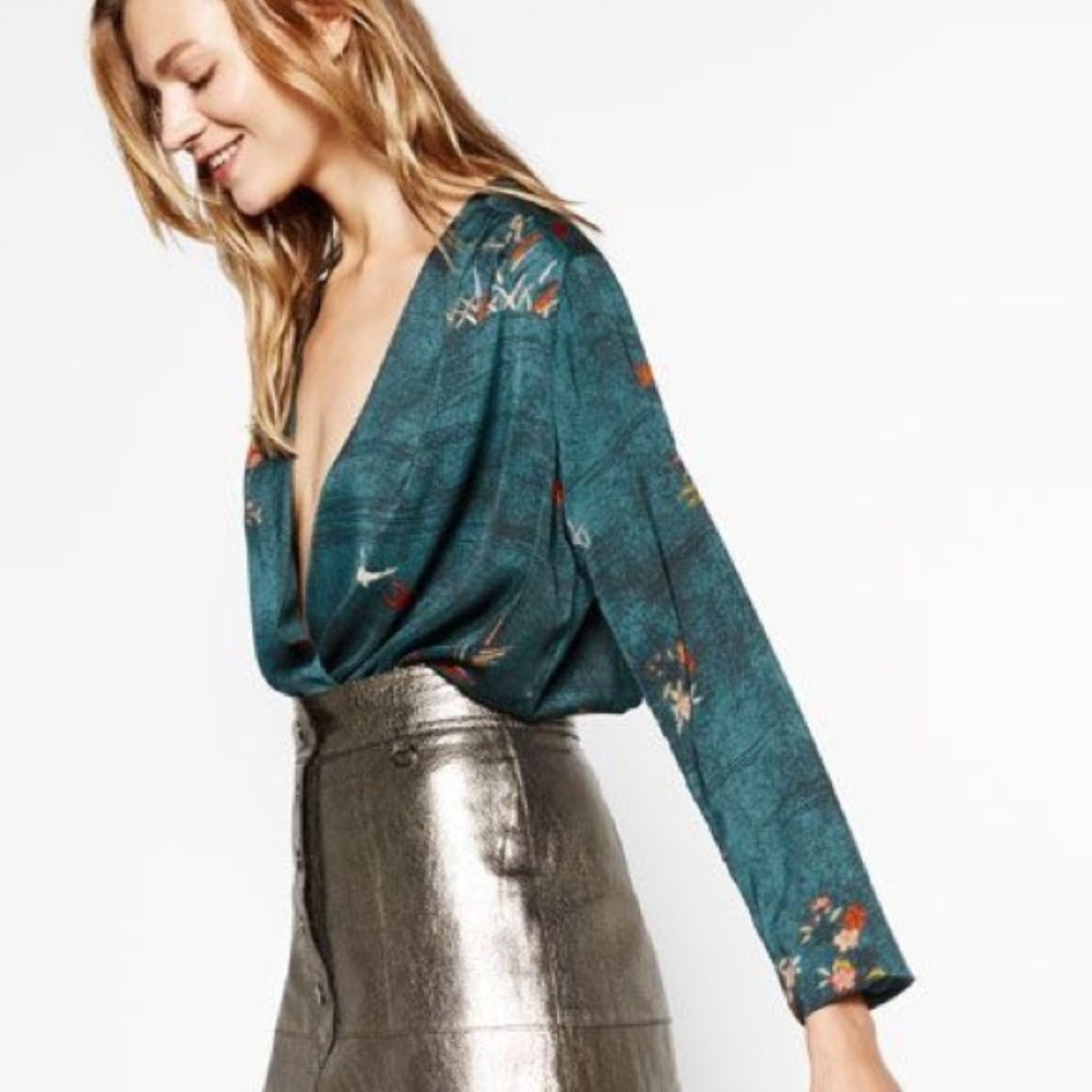 Zara Silk Wrap Bodysuit Printed Long Sleeve Blouse